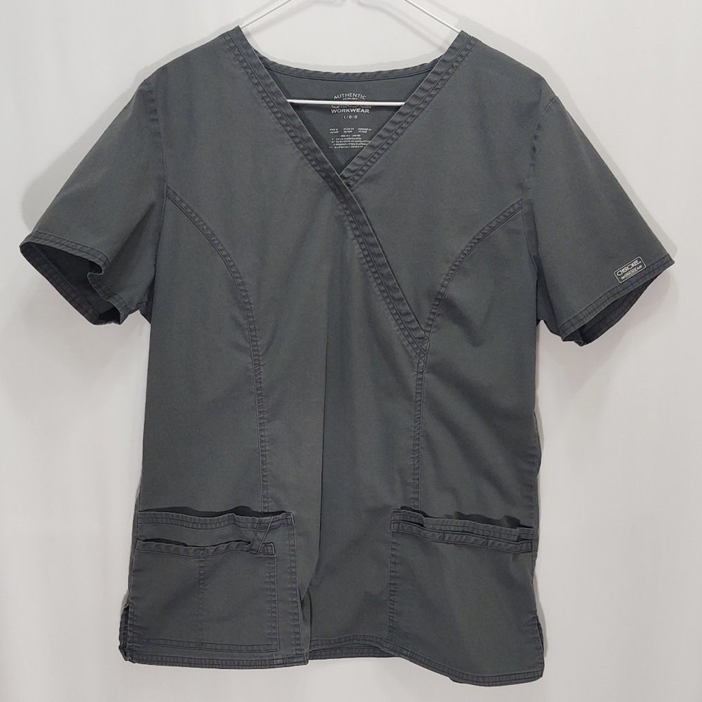 3/$30 Cherokee Workwear Grey Mock Wrap Scrub Top L